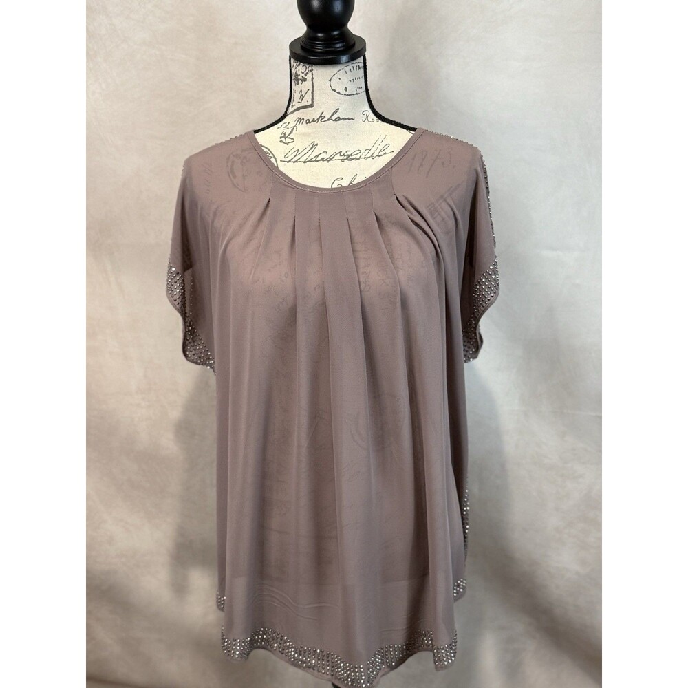 Solutions Women’s Size Large Bedazzled Sleeve & Hem Cinched Blouse